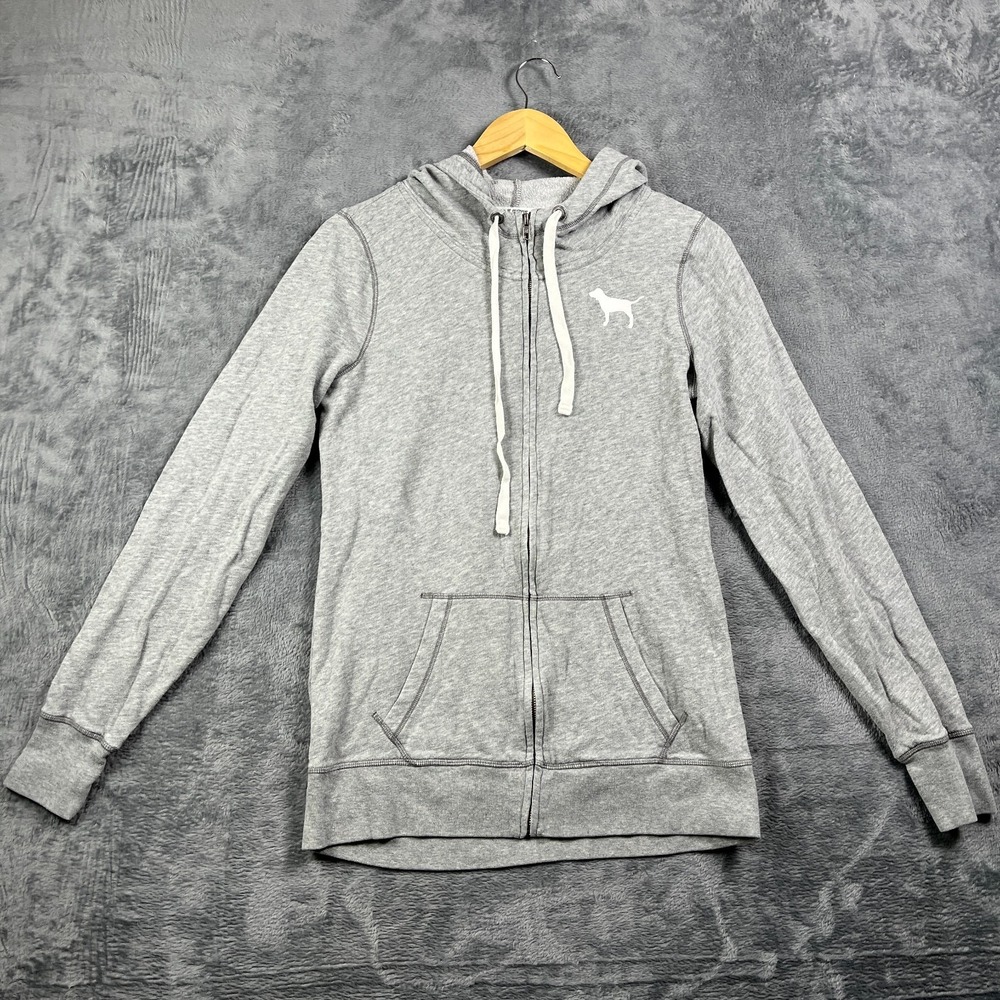 Pink Victoria's Secret Hoodie Women Small Heather Gray Love Love Fleece Full Zip